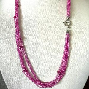 Fuschia Pink & Purple Necklace, Beaded 6-Strands & Silver Clasp 31" Long NWT